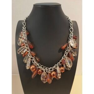 Chunky Silver Tone Necklace Mixed Beads Sparkle Copper Amber Asymmetrical Shapes